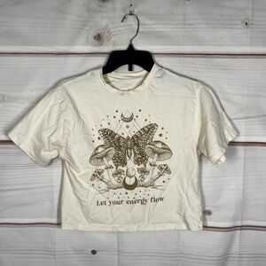House of Cotton Let Your Energy Flow Top Womens XS Cream Graphic Rhinestone Crop